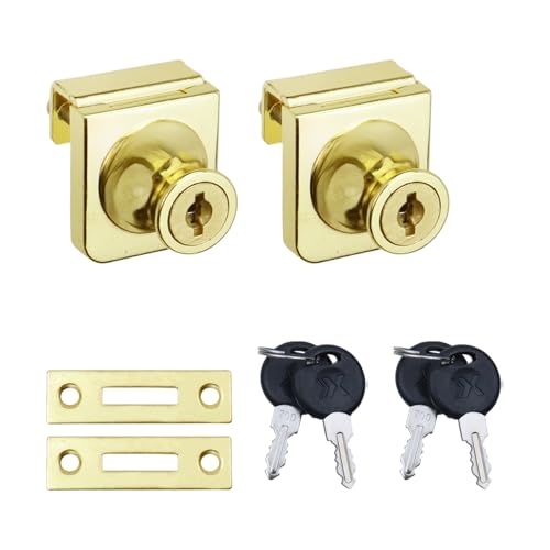 No Drill Showcase Lock for 0.2-0.3 inch Glass, Key Different - Door to Board Mounting, 2 Sets Gold Rectangular 1.38 x 1.26 Inch, Zinc Alloy Glass Lock for Display Cabinet or Jewelry Case - color: Gold, size: 1.38 x 1.26 Inch, style: Key Different - Door t