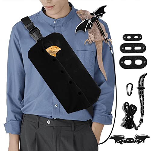 WATFOON Adjustable Lizard Leather Leash Harness and Bearded Dragon Carrier Sling, Reptile Small Pet Training Leashes and Beardie Snuggle Sling Bag for Outdoor Travel (L Black) - color: Black, size: Leash + L Black Sling (Gift)