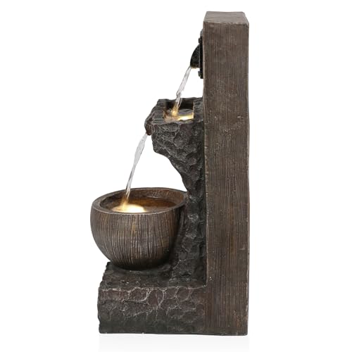 Alpine Corporation ZDQ108 Indoor/Outdoor Floor 3-Tier Fountain with LED Lights, Cascading Garden Water Fountain, 20" H, Brown - style: 20"H - Brown 3-Tier w/ LEDs