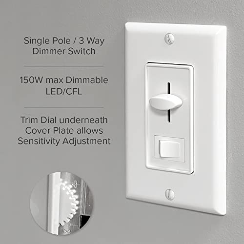 Maxxima LED Dimmer Electrical Light Switch, White, 3-Way/Single Pole Use | 600 Watt Max, LED and Incandescent Compatible, Wall Plate Cover Included - color: White