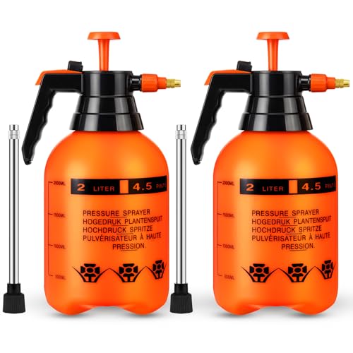 2 Set Handheld Pump Sprayer 2l Garden Pump Sprayers Adjustable Water Spray Bottles with Steel Nozzle Extended Rod for Plant Mist Watering Spraying Fertilizing Cleaning - color: Orange, size: 2L