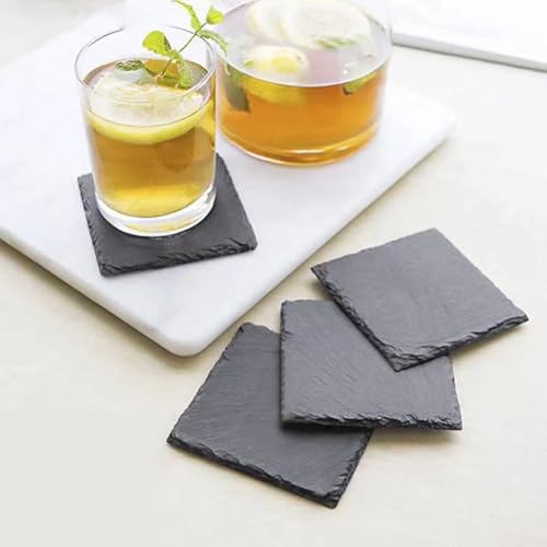2 Pcs 4 Inch Slate Coasters Boards Black Stone Drink Coasters Square Natural Stone Coasters Slate Reptile Basking Platform Tortoise Feeding Dish Plate Chameleon Food Dish Bowl