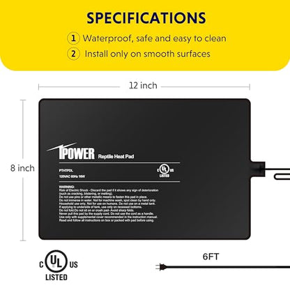 iPower 8x12 Inch Reptile Heating Pad with LCD Digital Aquarium Thermometer, Under Tank Heater Warmer Heat Mat for Turtles, Lizards, Frogs, Snakes - color: Black/Heat Pad + Thermometer, size: 8" x 12"