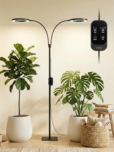 GLOWRIUM 48W LED Dual-Head Grow Light for Indoor Plants, 23.5-71" Adjustable Height, 3-Growing Full Spectrum for Tall Plant Light, 3/9/12/16H Timer, 6-Level Dimming, Ideal for Large Tall Plants - color: Black (Dual Heads)