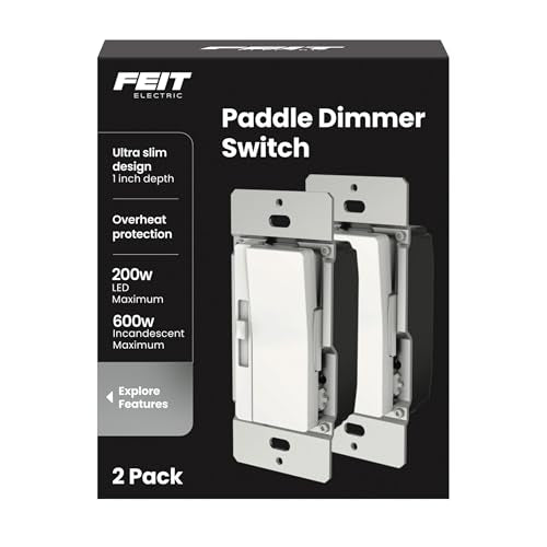 Feit Electric Paddle Dimmer Switch for Dimmable LED Light Bulbs, Single Pole or 3-Way Toggle Light Switch, Overheat Protection, Wall Plates & Installation Hardware Included, 2 Pack - style: PADDLE DIMMER
