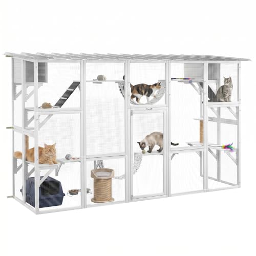 PawHut Catio Outdoor Cat Enclosure, 118"L Large Wooden Outdoor Cat House w/ Condos, Platforms, Bridges, Scratching Posts, Waterproof Roof, Walk-in Kitty Cage for 1–4 Kittens, White - color: White