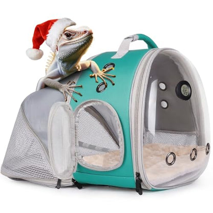 Bearded Dragon Travel Backpack Carrier with Reptile Thermometer and Humidity Gauge Lizard Travel Cage Space Capsule Clear Bubble Window Astronaut Reptile Bag for Ball Python (Green, BE Backpack) - color: Green, size: 11.8"L x 7.2"W x 11.8"H