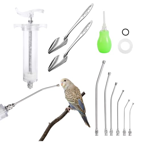 50ML Baby Bird Feeding Syringe Set Pet Syringe with 6 Pcs Curved Gavage Feeding Tubes and Bird Drinker Stainless Steel Metal Feeding Spoon for Baby Birds Parrot Small Pet - size: 50ML