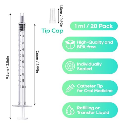JOLLY PARTY 20 Pack 1ml Syringes with Caps, 1cc Syringe Needleless, Small Oral Syringe with Tip Cap Individually Wrapped for Scientific Labs, Liquid Measuring, Pet Feeding, Oil & Glue Dispenser - style: 1ml