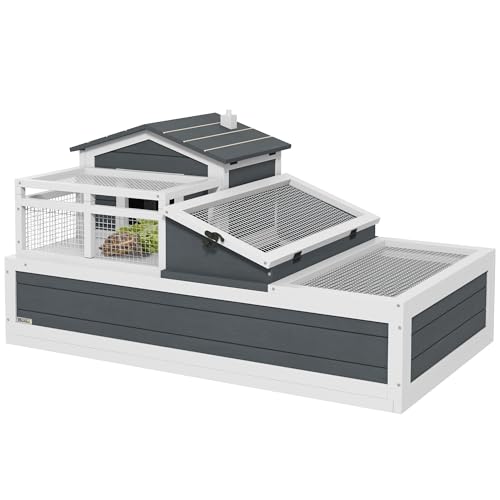PawHut 3- Room Tortoise House Habitat with Balcony & 2 Stories, Indoor/Outdoor Wooden Tortoise Enclosure with Ladder, Tray, Openable Roof, Large Reptile Cage, 44" x 25.5" x 23", Gray - color: Gray