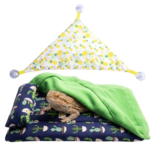 2-Piece Set with Blue and Green Quilt and Yellow Pineapple Medium Single Pack, Bearded Dragon Bed, Bearded Dragon Hammock,Canvas Material for Reptile Habitat Accessories and Lizard Comfort