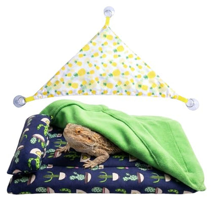 2-Piece Set with Blue and Green Quilt and Yellow Pineapple Medium Single Pack, Bearded Dragon Bed, Bearded Dragon Hammock,Canvas Material for Reptile Habitat Accessories and Lizard Comfort