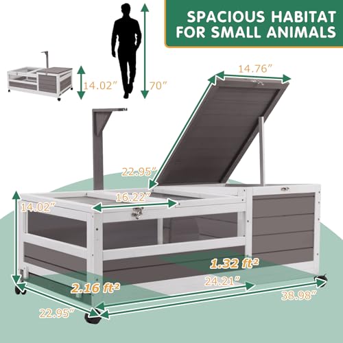 Tortoise Habitat Tank Indoor Outdoor, Wooden Tortoise House with Wheels, 2-Room Reptile Turtle Enclosure Cage for Small Animals, Lamp Holder, Leakproof Tray, Grey - size: 39.0"L x 23.0"W x 14.0"H