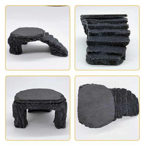 Reptile Basking Platform, Turtle Basking Platform Leopard Gecko Tank Accessories Reptile Hide with Rock Plate for Lizard, Crested Gecko (Medium-Grey) - style: style 1