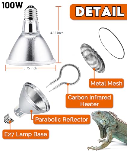 100W Deep Heat Infrared Projector Lamp for Reptiles, Emits both Infrared A & B Wavelengths, Reptiles Basking Light Heat Lamp Bulbs with Reflector for Bearded Dragons, Turtles, Snakes, Lizards, etc.