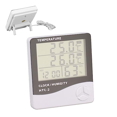Digital Hygrometer Thermometer, Thermometer and Humidity Gauge with Clock Large Display Wired Probe Sensor Temperature Humidity Monitor for Indoor Outdoor Use