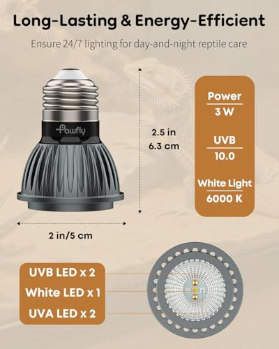 Pawfly UVB Light for Reptiles, 3 W 10.0 UVB Bulb, Desert Reptile UVA UVB Lamp for Calcium & Vitamin D3 Synthesis, High Intensity LED Lamp for Bearded Dragon, Tortoise & Lizard - size: 3 W 10.0 UVB