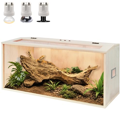 PROLEE Bearded Dragon Tank,Wooden Reptile Tank and Lizard Tank,Tempered Glass Large Bearded Dragon Enclosure with Built-in Lamp Fixture (40X20X20inch,65 Gallons) - color: Wooden Roof, size: 40X20X20inch,65 Gallons
