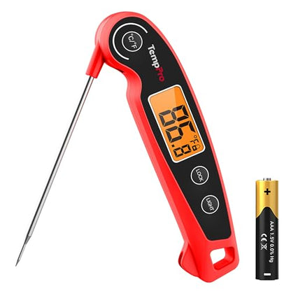 TempPro TP605 Instant Read Meat Thermometer for Cooking, Waterproof Digital Food Thermometer with Large Backlit LCD, Kitchen Thermometer for Grilling, Smoking & Candy Making (Previously ThermoPro) - color: Red