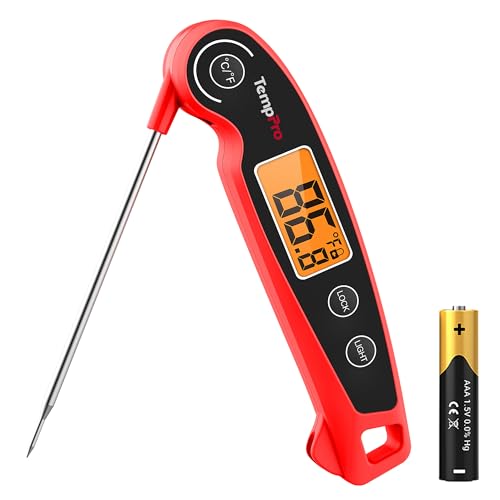 TempPro TP605 Instant Read Meat Thermometer for Cooking, Waterproof Digital Food Thermometer with Large Backlit LCD, Kitchen Thermometer for Grilling, Smoking & Candy Making (Previously ThermoPro) - color: Red