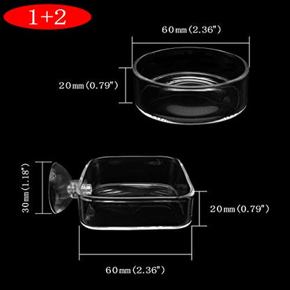Aquarium Shrimp Feeder Dish Glass Fish Tank Feeding Bowls, 2pcs Square Glass Food Bowl (60mm), 1pcs Round Fish Feeding Bowls with Suction Cups (60mm) - size: 3x Bowl Combine 4