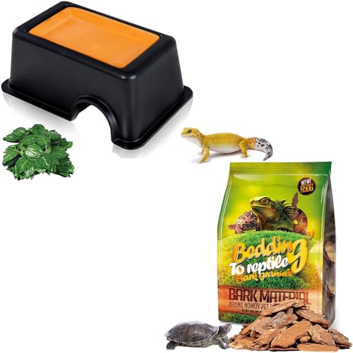 Hamiledyi Reptile Hide Box Gecko Hideout Cave with Sink Humidifier and Reptile Bark Bedding Tortoise Habitat Substrate Natural Terrarium Bark for Snake Spiders Bearded Dragons Hermit Crabs Geckos