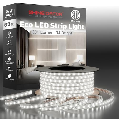 Shine Decor LED Strip Light Easy Connectable, 6000K Cool White Cold Resist Weatherproof Plug-in for Indoor Outdoor, 101 LM/FT Dimmable Bright Eco Rope Lighting 82FT, 120V Whole Set ETL Listed - color: Cool White, size: 82 Ft