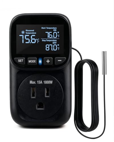 Temperature Controlled Outlet, Heavy Duty 15A 1800W Heating Cooling Thermostat Plug Outlet, -40℉~210℉ LCD Display Plug in Thermostat for Greenhouse Heater Incubator Homebrew Heat Lamp - style: Black