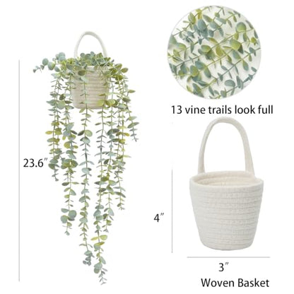 Fake Hanging Plant, Eucalyptus in Wall Woven Planters | Artificial Faux Plants, Soft Green, Cotton Hanger, 2PCS, Indoor Decor - size: Cotton Hanger-2PCS