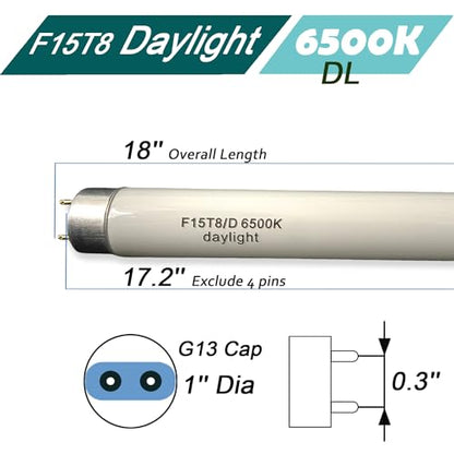 Flyercatch 18inch F15T8-D Daylight 15W Fluorescent Bulb,18'' F15T8/DL 6500K Bright White Lighting, T8 Linear Preheat Lamps, Full Spectrum for Aquarium Fish Tank, Plant Lighting