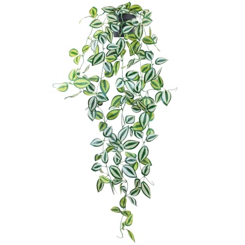 LOYWREE Fake Hanging Plants - Small Potted Plants with Green Eyebrow-Leaf Trailing Vines, Indoor Outdoor Aesthetic Decor for Office, Living Room Shelf & Home Accent (Black Pot) - color: Eyebrow, size: 1Pack