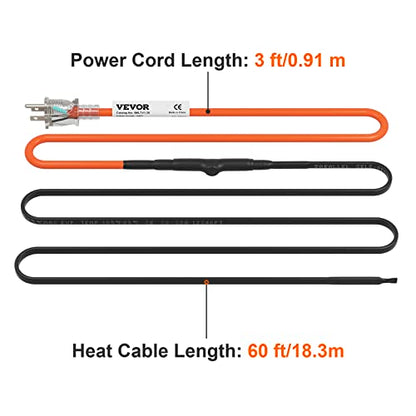 VEVOR Self-Regulating Pipe Heating Cable, 60-feet 5W/ft Heat Tape for Pipes Freeze Protection, Protects PVC Hose, Metal and Plastic Pipe from Freezing, 120V - size: 60 Feet