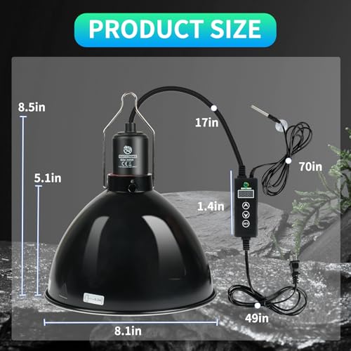 Reptile Light Fixture with Dimming Thermostat, 8.5 Inch Deep Dome Light Fixture with Timer, Reptile Aluminum Dome Fixture for Basking/Heat/UVA/UVB Lamp Bulb - size: 8.5in Deep Dome(Temperature Display)