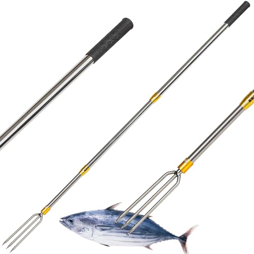 Cyfie Telescopic Multi-Size Fishing Gaff Hook for Flounder Gig, Stainless Steel Fishing Hunting Harpoon Pole with Spear Hook Barbed, Heavy Duty Frog Flounder Gig for Ice Fishing Saltwater Sea - color: 5 ft long with 3-prong spear hook
