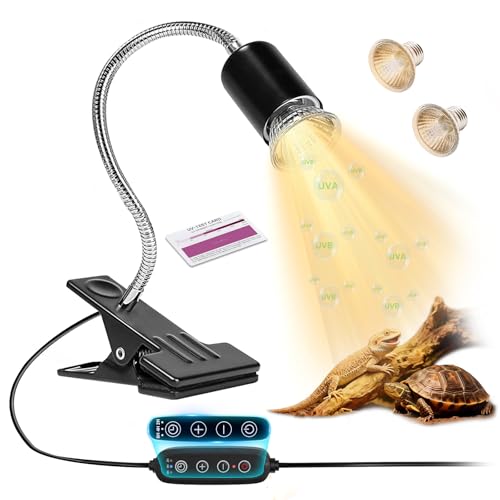 Reptile Heat Lamp Turtle Light - Long Lasting Ceramic Socket Basking Lamp with Auto Timer & Dimmer, 2 E27 Bulbs (25W & 50W) with UVB Support & Test Card for Turtles, Tortoises, Bearded Dragons, Geckos