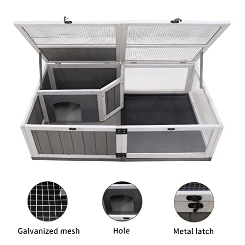 Tortoise Habitat with Waterproof Activity Tray Rest Game Compartments Metal Latch Top Galvanized Mesh Small Animals Outdoor Wooden Reptile Cage 43.1x24x12.8 Inches Grey