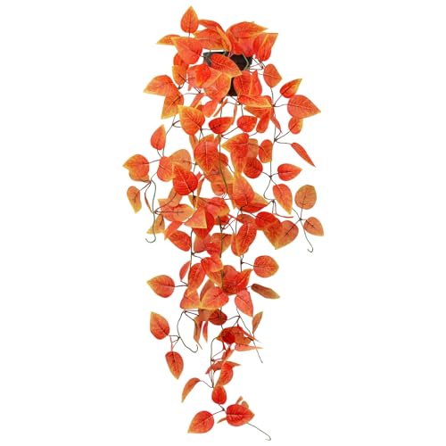 LOYWREE Small Artificial Plants Hanging Potted Fall Foliage - Orange Faux Ivy Vine & Pothos for Shelves. Ideal for Home, Office, Indoor & Outdoor Gardens (Black Pot) - color: Fall Pothos, size: 1Pack