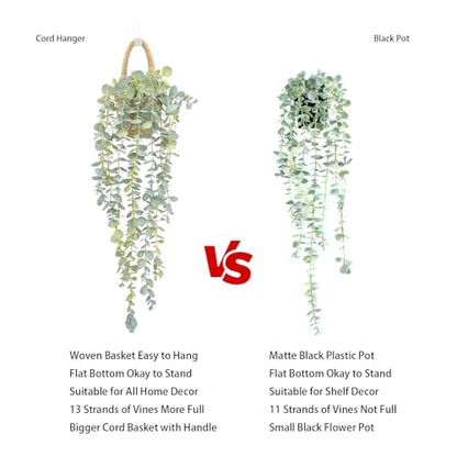 Fake Hanging Plant Decor Indoor, Eucalyptus Artificial Faux Plants in Wall Woven Planters, Jute Hanger with Black Pot Soft Green 2PCS 23Inch Long - size: Jute Hanger-2PCS