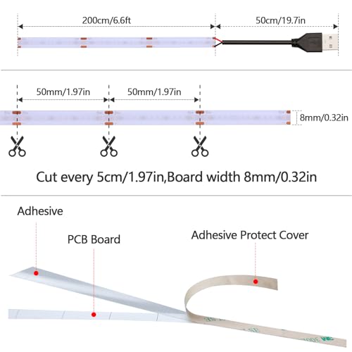 DC 5V USB COB Blue LED Strip Light Dimmable IP65 Waterproof USB Powered 6.6ft/2M 640LEDs with Dimmer High Brightness Flexible LED Tape Lights - color: Blue