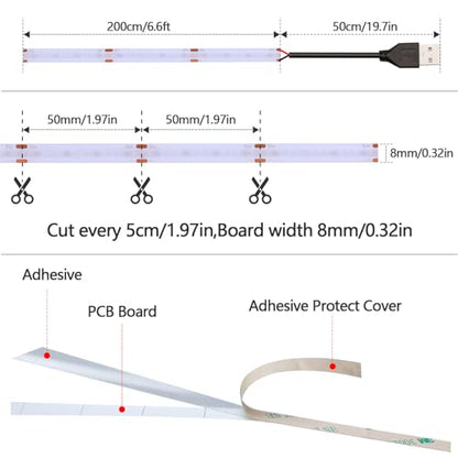DC 5V USB COB Blue LED Strip Light Dimmable IP65 Waterproof USB Powered 6.6ft/2M 640LEDs with Dimmer High Brightness Flexible LED Tape Lights - color: Blue