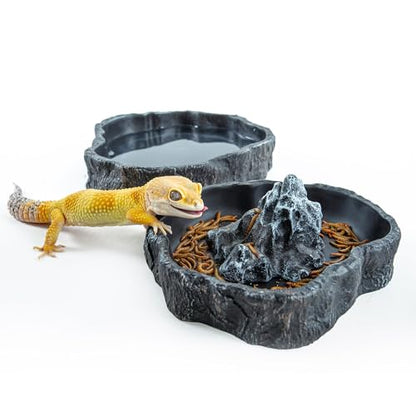 2 Pack Large Reptile Food Bowl and Water Bowl Set, Drowning Prevention Reptile Water Dish and Food Dish with Simulated Rockery, Terrarium Decoration Bowls