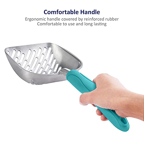 WePet Cat Litter Scoop, Aluminum Alloy Sifter, Kitty Metal Scooper, Deep Shovel with Diagonal Sifting Hole, Long Handle, Kitten Poop Lifter for Litter Box, Large Size, Turkish Blue Handle - color: #02 Turkish Blue, size: Large