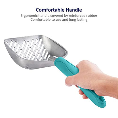 WePet Cat Litter Scoop, Aluminum Alloy Sifter, Kitty Metal Scooper, Deep Shovel with Diagonal Sifting Hole, Long Handle, Kitten Poop Lifter for Litter Box, Large Size, Turkish Blue Handle - color: #02 Turkish Blue, size: Large