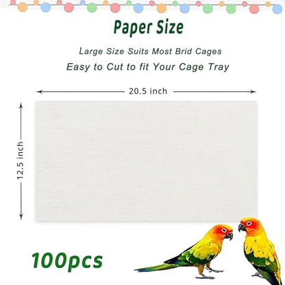 ZIQON 100 Pcs Bird Cage Liner Papers Big Size Cage Paper Liners Disposable Cage Paper Liners Precut Absorbent Cushion Pad Mat Accessories for Pet Bird Parrot - size: 12.5*20.5