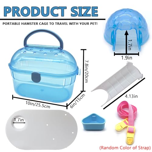 Portable Hamster Cage Syrian Hamster Carry Travel Cage with Water Bottle Food Bowl Adjustable Strap Small Animals Outgoing Cages for Gerbil Squirrel Guinea Pig Chinchilla Hedgehog Blue - color: Blue Hamster Carriers