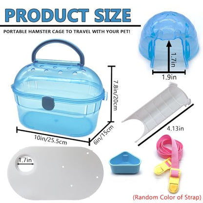 Portable Hamster Cage Syrian Hamster Carry Travel Cage with Water Bottle Food Bowl Adjustable Strap Small Animals Outgoing Cages for Gerbil Squirrel Guinea Pig Chinchilla Hedgehog Blue - color: Blue Hamster Carriers