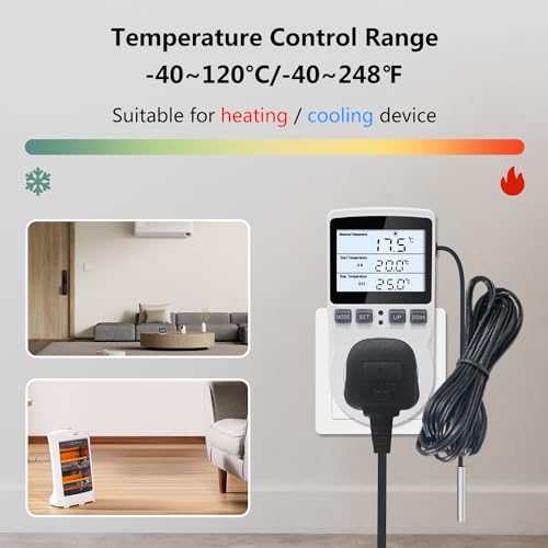 KT3100BL Digital Temperature Controller Outlet Socket VA LCD Display Plug in Thermostat 15A 120V Output with Blue Backlight 3m Temperature Sensor - style: KT3100BL Blue backlight