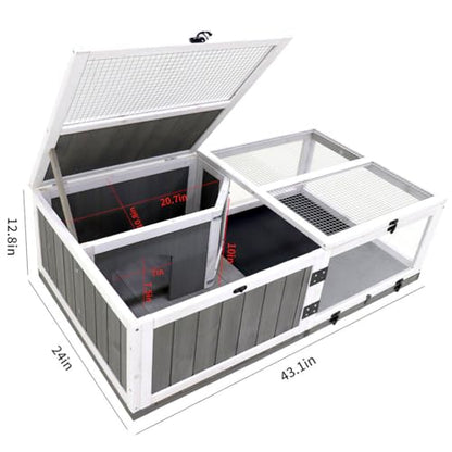 43" Wooden Tortoise Habitat Indoor Outdoor, Large Tortoise Enclosure with 2 Rooms, Waterproof Tray & Acrylic Window, Reptile Terrarium Cage Reptiles Feeding Box for Turtles Lizards Snakes, Grey