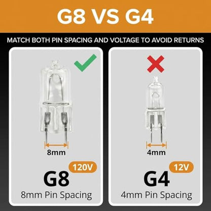 10 Pack-G8 20Watt 120V Halogen Light Bulbs T4 JCD Type 120V Bi-Pin Base Shorter 1-1/4" (1.25") Length 20W Lamp Soft White Under Cabinet Puck Lighting Replacement Dimmable Hood Range Q20/G8/CL/120V