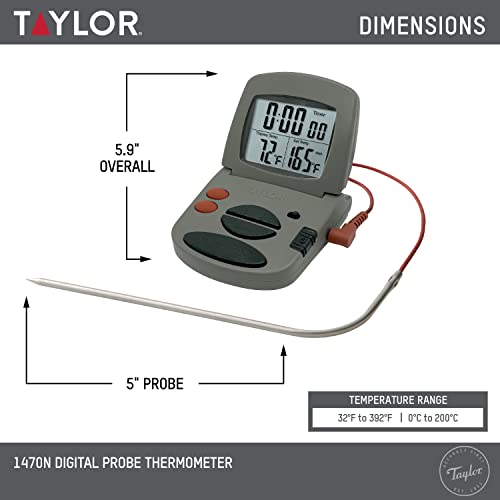 Taylor Programmable with Timer Instant Read Wired Probe Digital, Meat, Food, Grill BBQ Cooking Kitchen Thermometer with Timer, Gray